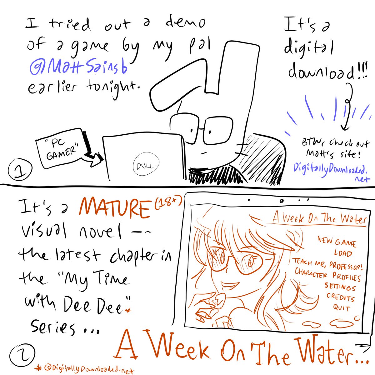 themistern's tweet photo. I played a demo of @MattSainsb's new game, "A Week On The Water" and here are my unfiltered thoughts on it. And check out the final panel for BIG NEWS.
#MyTimeWithDeeDee #AWeekOnTheWater #indiegame #indiegamedev https://t.co/cmkyTTrJjI