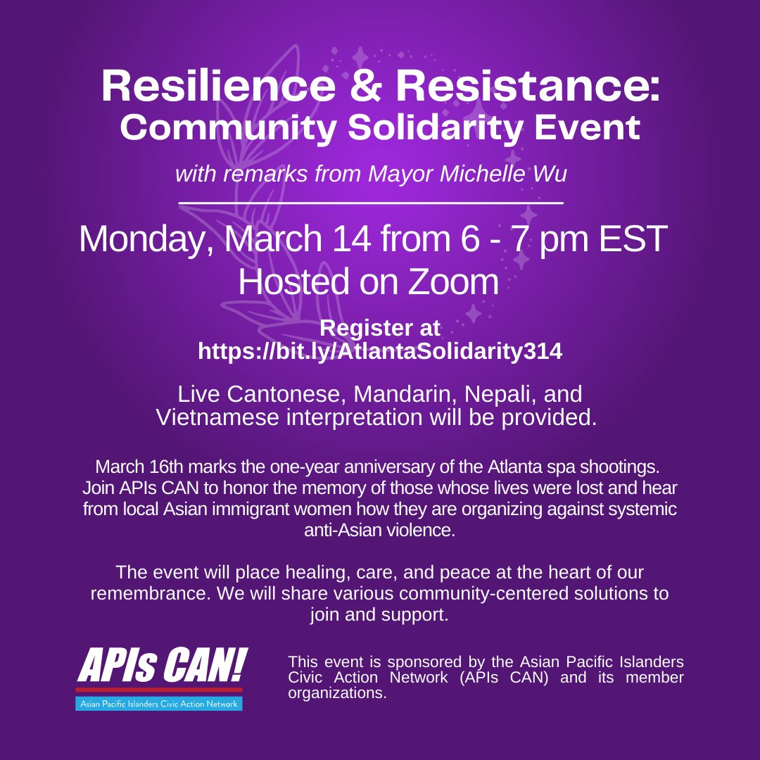 BostonAAFilm's tweet image. Join #APIsCAN to mark the one-year anniversary of the #Atlantaspashootings and honor the memory of those who were murdered. Register: bit.ly/AtlantaSolidar… @aarw @asiancdc @cpajustice @vietaid @BostonLegalAid @MayorWu #atlanta #spashootings #solidarity #RememberingMarch16