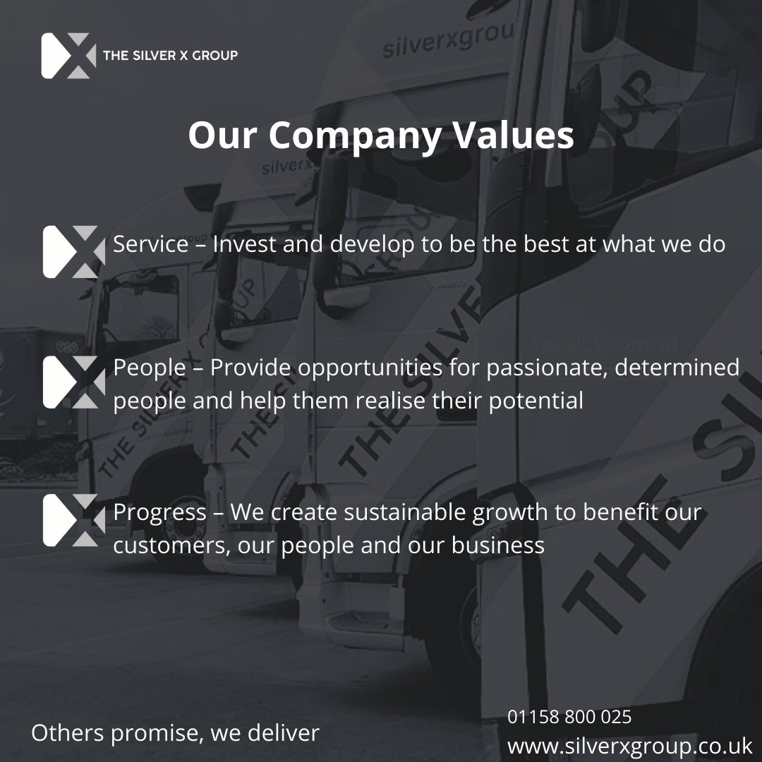 TheSilverXGroup's tweet photo. Here at The Silver X Group these are our company values that we work by.
Our values were created to help us remember what they are and how to put them into action.
#otherspromisewedeliver #silverxgroup #transport #fulfilment #warehousing #palletnetwork #ourvalues #whoweare https://t.co/r4YPrv2D3C