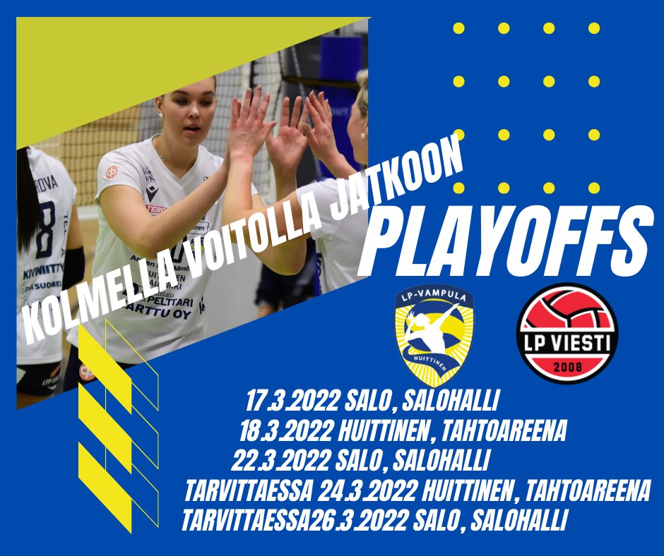 Pudotuspelit alkaa!💙💛

LP-Vampulalle runkosarjan seitsemäs sija ja vastaan tulee LP Viesti. Ottelut pelataan seuraavasti:

17.3.2022 klo 18.30 Salo
18.3.2022 klo 18.30 Huittinen
22.3.2022 klo 18.30 Salo
Tarvittaessa
24.3.2022 klo 18.30 Huittinen
26.3.2022 klo 18.30 Salo