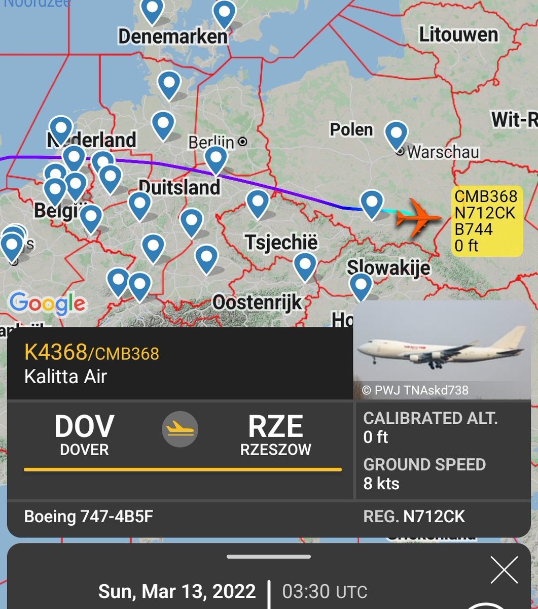 Gerjon_'s tweet photo. Another one last night: Kalitta Air 🇺🇲N712CK #CMB368.
After two flights from 🇺🇲Travis AFB, over a dozen U.S. Transportation Command flights flew from 🇺🇲Dover AFB to 🇺🇦Kyiv Boryspil Airport in 🇺🇦Ukraine. Following the invasion, these moved to 🇵🇱Rzeszów-Jasionka Airport in Poland. https://t.co/s8BHtxUqpu