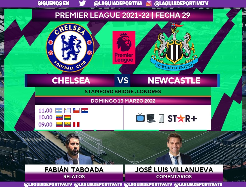 Laguadeportiva1's tweet photo. ⚽️🏴 #PremierLeague Fecha 29
📌 Chelsea v Newcastle
🗣️ Relatos: @FabiTaboadaok
🎙️ Comentarios: @jlvilla_a
💻📱 @StarPlusLA Sudamérica
#⃣ #PREMIERxESPN #CHENOR #ESPNenStarPlus
🔃❤️ https://t.co/IoZVHM4Yll