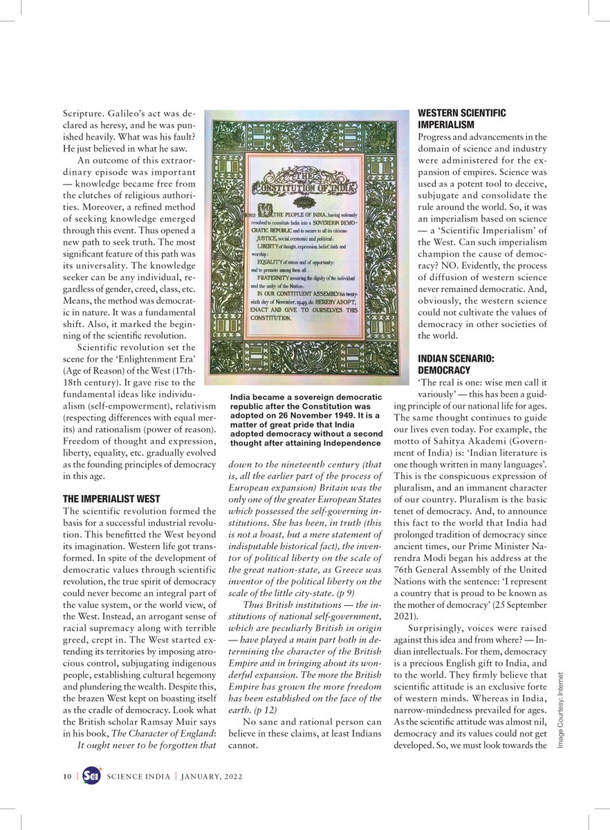 ScienceIndia_'s tweet photo. "A section of Indian intellectuals continues to suffer from colonial hangover of science &amp; democracy being British gifts to India — a fallacy and affront to India’s ancient glory", writes @jayantss66 
Read 'Science and Democracy: Two Engines to Empower India', below - 
@IndiaDST https://t.co/LoFFg6z8IY