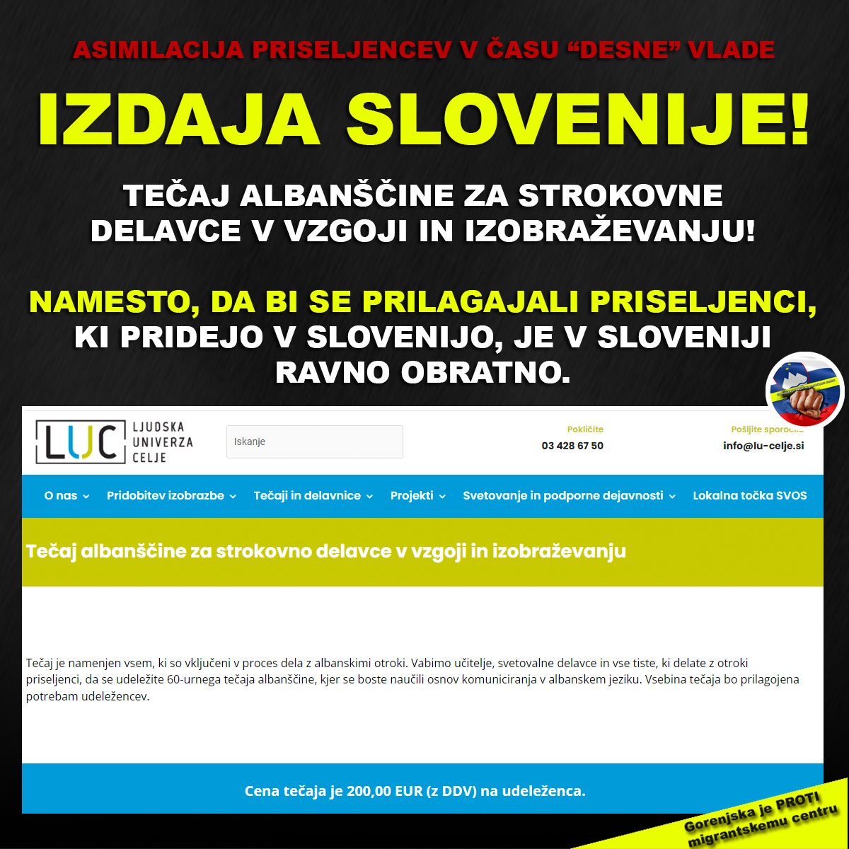 altright_si's tweet photo. Kranj, Piran, Velenje, Celje, Slovenska Bistrica, Jesenice... praktično povsod jih je vedno več.

Učenje in znanje Slovenščine dolžnost in predpogoj za bivanje v Sloveniji‼

Še bolj žalostno pa je, da se to dogaja v času vodenje vlade iz strani t.i. "desnice". https://t.co/1ABv2zvO0E