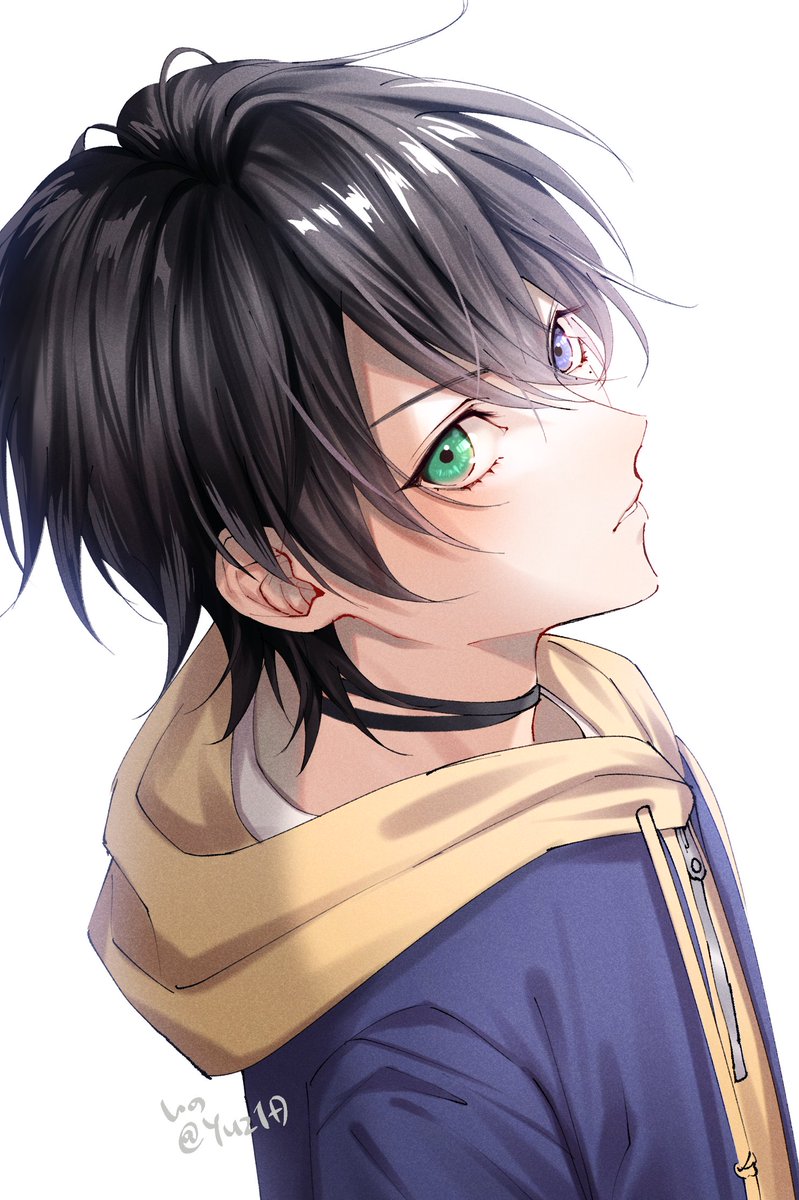 1boy male focus heterochromia solo black hair hoodie hood  illustration images