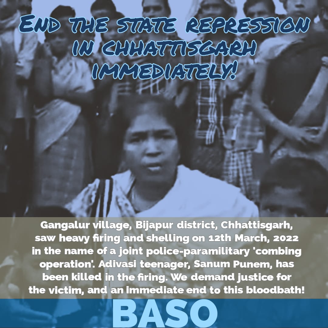 apeksha_9's tweet photo. Gangalur village in Chhattisgarh saw heavy firing & shelling on 12th Mar in name of a joint police-paramilitary "combing operation".
Adivasi teenager Sanum Punem was killed in the firing.Demand justice for the victim & an immediate end to this bloodbath!
#EndStateRepression
#baso https://t.co/rqF9qpc7fe