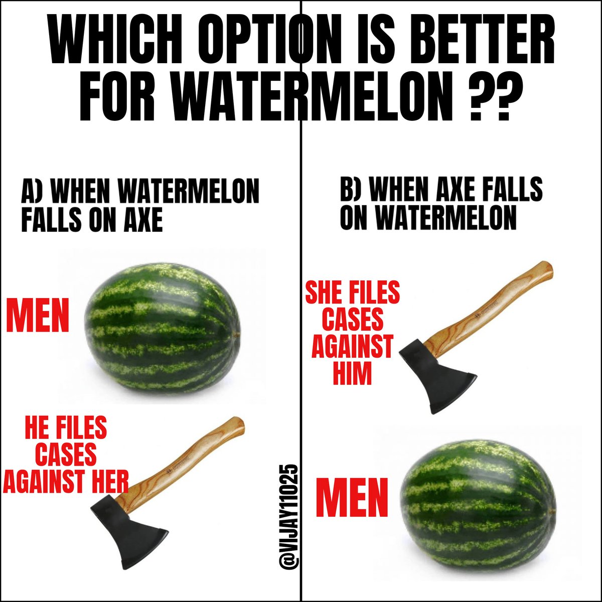 Vijay11025's tweet photo. IN INDIA, WHEN
1) MEN FILE CASE ON WIFE : HE PAYS
2) WIFE FILE CASE ON MEN : HE PAYS

IN ALL SITUATIONS MEN HAS TO PAY. BOTH WAYS THE WATERMELON (MEN) WILL BE CUT.  WHERE IS THE GENDER EQUALITY? 
#FalseCaseDay 
#MarriageStrike 
@itachi_senpai1 @SamiBaig80 @PriyaScifi @SamSiff https://t.co/llVrPq8oWA