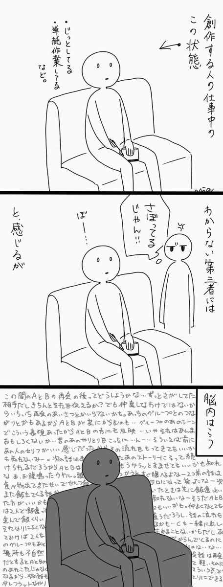 さっきRTした創作者にはなにもせずぼんやりする時間も必要、のやつ、おそらくほぼこういうことだよね。
私も考えてるときは動かずじっとしてる。目は何も見てないし、誰の話しも聞いてない。 