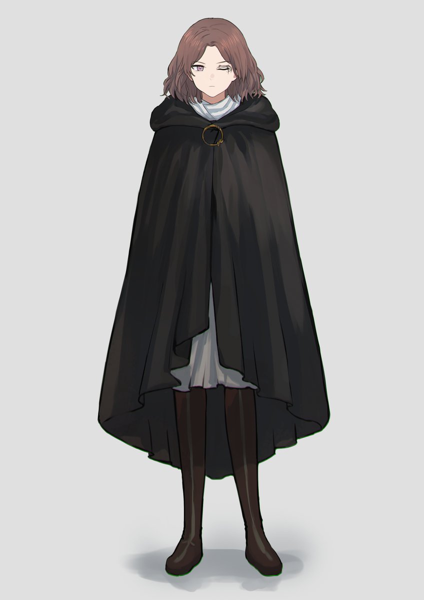 1girl solo cloak brown hair hood full body looking at viewer  illustration images