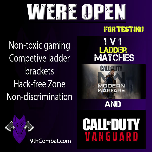 9thcombat's tweet photo. https://t.co/g0h8IjfRtF is open for #vanguard and #modernwarfare ladder testing. We are asking all #competitive gamers to take advantage and help us beta test our new Ladder bracket program.

See you on the battlefield! #9thgaming #gaming #cod https://t.co/3r1U93chlg https://t.co/X7KBwi3T6X