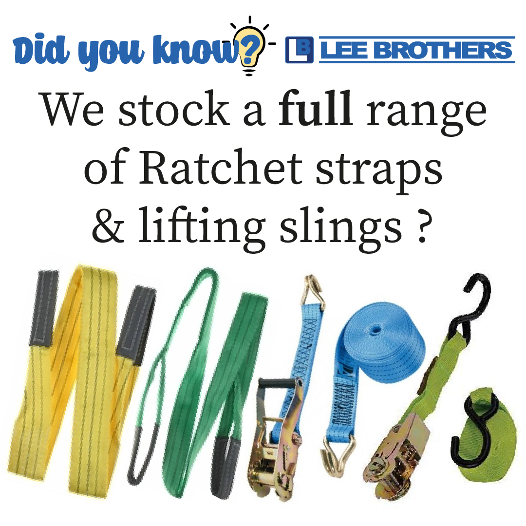 Ratchet straps &amp; Lifting slings... yup, well sell those too! (in a variety of sizes)

Get yours here:
ow.ly/EA8g50I9StG

#leebrothers #ppe #OneStopShop #lifting #liftingEquipment #didyouknow