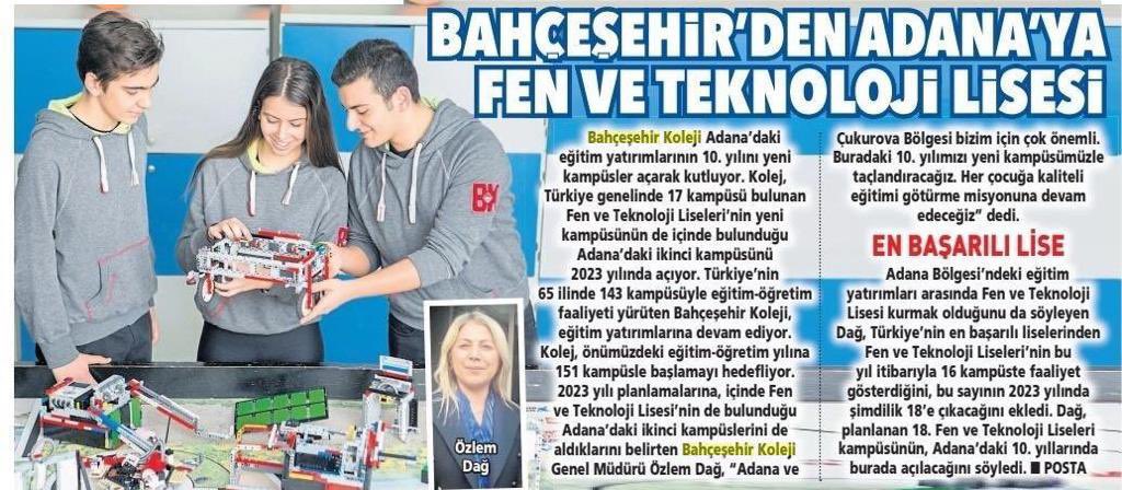 BAHCESEHIRADANA's tweet photo. “Bahçeşehir Kolejinden Adana’ya Fen ve Teknoloji Lisesi”

(Çukurova Posta, Hürriyet Çukurova) https://t.co/M8SWTH5S3l