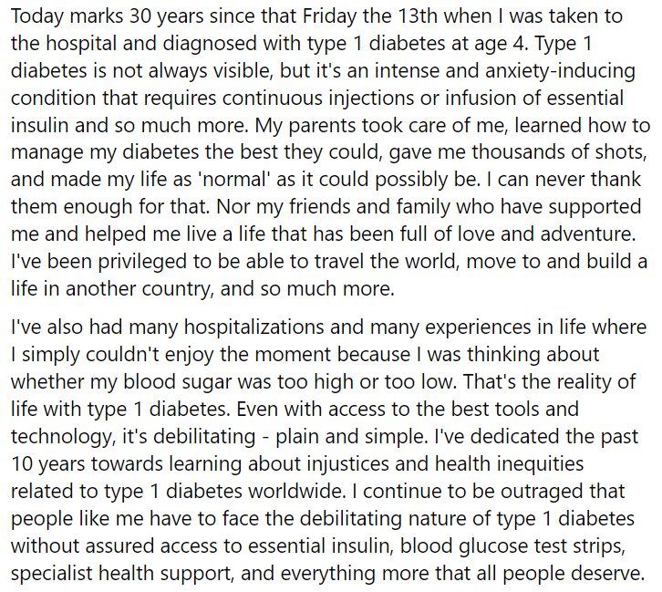 erpfiester's tweet photo. 30 years living in constant fear &amp; the inability to ever stop thinking about my health. I am alive because I am lucky and privileged. That shouldn’t’ be the case so I'll continue to fight for equity, justice &amp; #insulin4all for as long as my broken body will allow. 
#doc #diabetes https://t.co/7SYszJQSn2