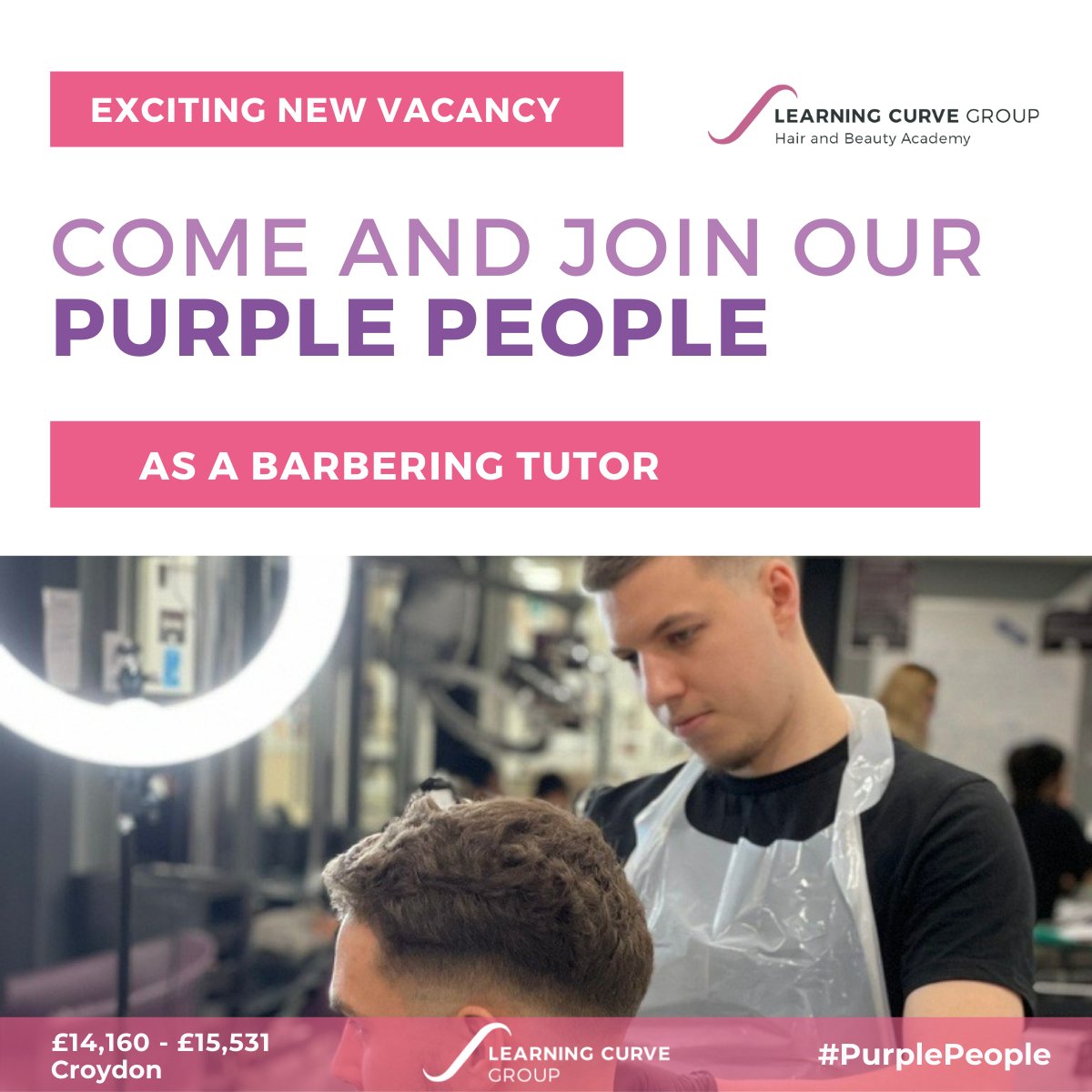 Share your expertise in Barbering! 💈

Join our team at the Hair &amp; Beauty Croydon academy, delivering and assessing our Barbering programmes to our Apprentices and Adult learners.

Apply today at:
💻 ow.ly/m2St50IgNXR
✉️ casey.bullen@learningcurvegroup.co.uk