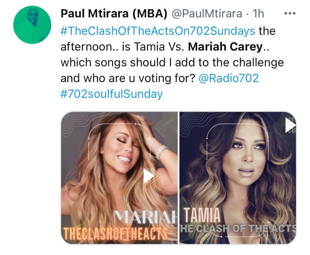 PaulMtirara's tweet photo. #TheClashOfTheActsOn702Sundays Tamia Vs. Mariah Carey… tune in and vote… @Radio702 #702soulfulSunday https://t.co/fuabNrEpNh