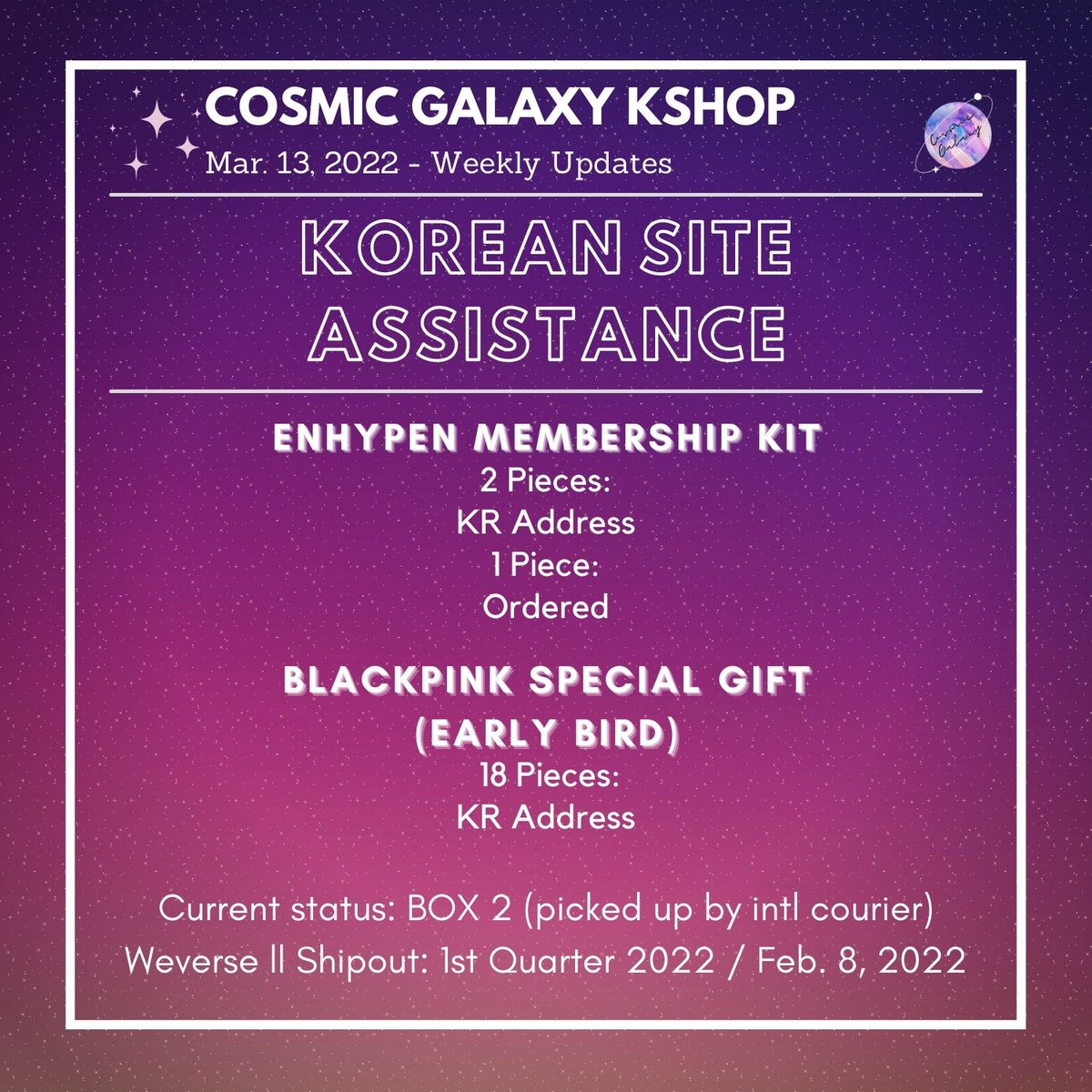 CGKShop's tweet photo. #CG_WeeklyUpdates
March 13, 2022 - Weekly Updates
🌟EN- D:A
🌟EN- MemKit
🌟BP Special Gift
🌟NCT 2021 Universe
🌟Dicon PC 101
💟For ongoing lapags:
check #/CG_Ongoing
💟For weekly proofs:
check #/CG_WeeklyProofs
💌DM for concerns and clarifications https://t.co/m0zX9Ie5UE