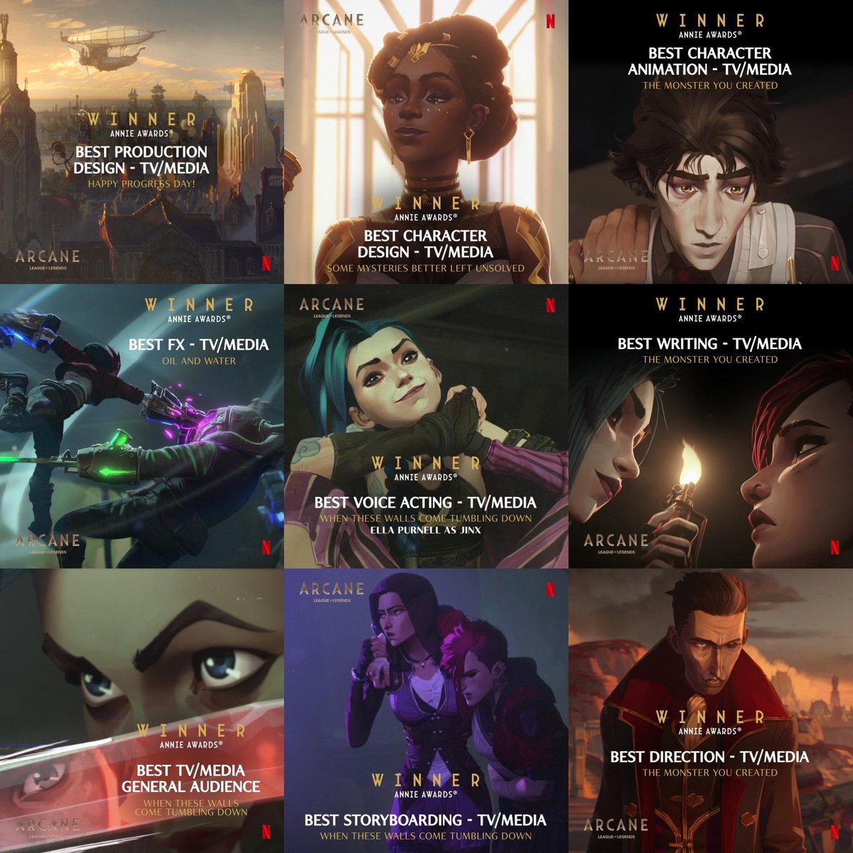 CaelanEuw's tweet photo. Arcane qui gagne les 9 catégories dans lesquelles la série était nominée aux oscars du film d'animation. C'est beau ! https://t.co/Wnon8F0gtj
