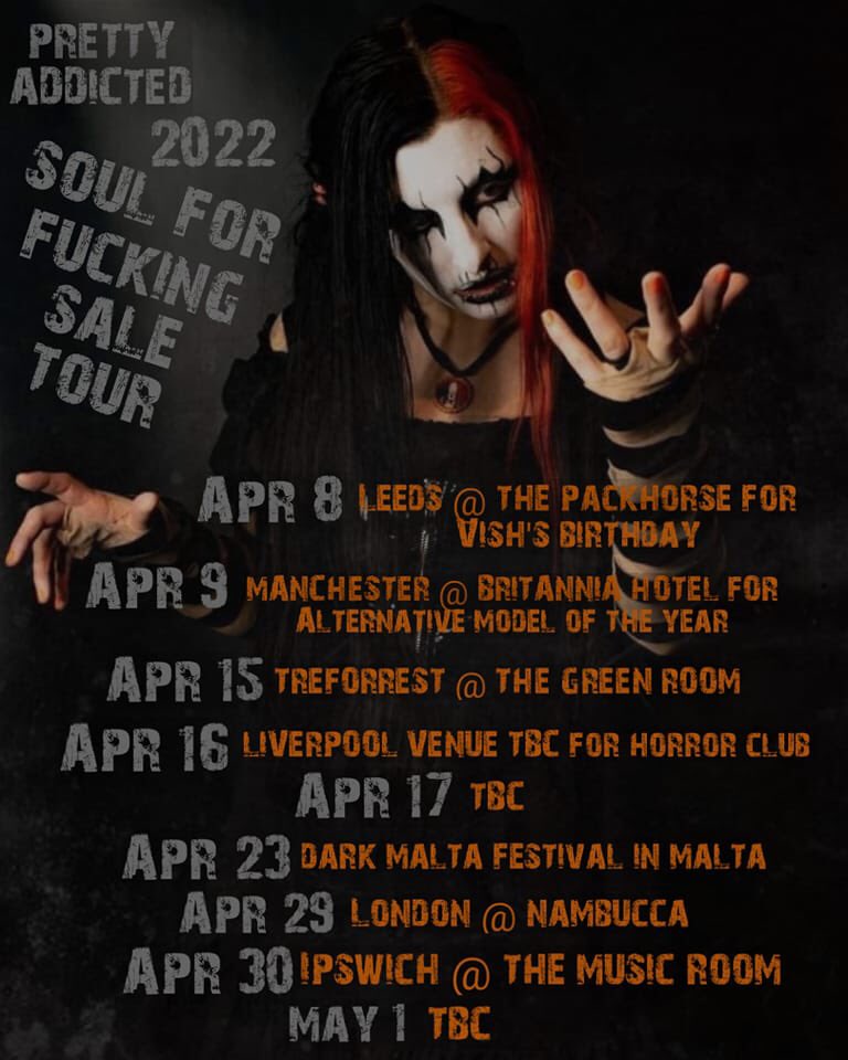 We are delighted to welcome Pretty Addicted to Liverpool for her SOUL FOR FUCKING SALE 2022 TOUR!! ☠️☠️☠️

SATURDAY 16th of APRIL 2022
8pm – 11pm
TICKETS: £10 (ADV)

VENUE: The Shipping Forecast – Basement (15 Slater St, Liverpool L1 4BW)

BOOK ONLINE:
liverpoolhorrorclub.co.uk/product/pretty…