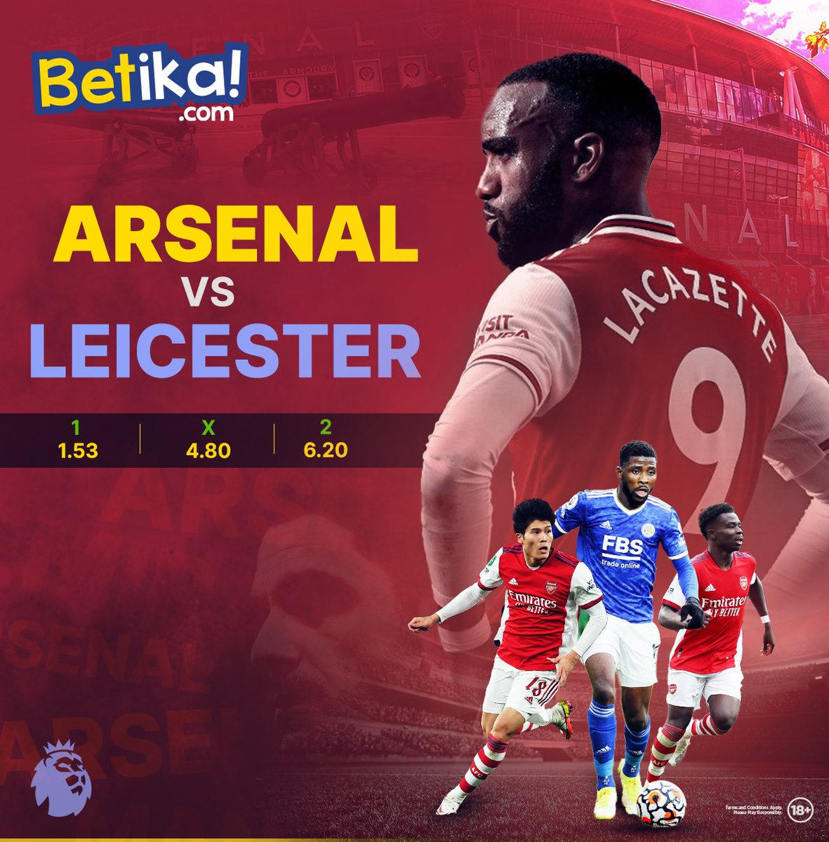 betikaKe's tweet photo. NI #EPLSUNDAY: 🔴Arsenal 🆚️ Leicester🔵 

The Gunners will aim to get back in the fourth spot of the Premier League table when Leicester City visits the Emirates Stadium tonight. 

Prediction yako utawekelea wapi? Shinda na https://t.co/ZKqMWHeLmQ #PataMoreNaBetika https://t.co/S2skufHFTr