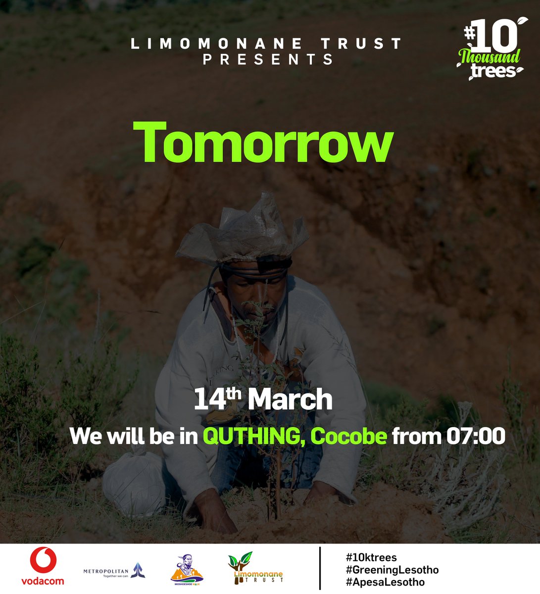 limomonane's tweet photo. Hello everyone, kind reminder we will be at Quthing, Cocobe tomorrow 14th March continuing to #GreenLesotho from 7am!
If you will be around the area, feel free to come join us.
#ApesaLesotho #Trees4Fees
Want to contribute but can't physically make it? Check thread belowπππ https://t.co/ILZQeguyBN