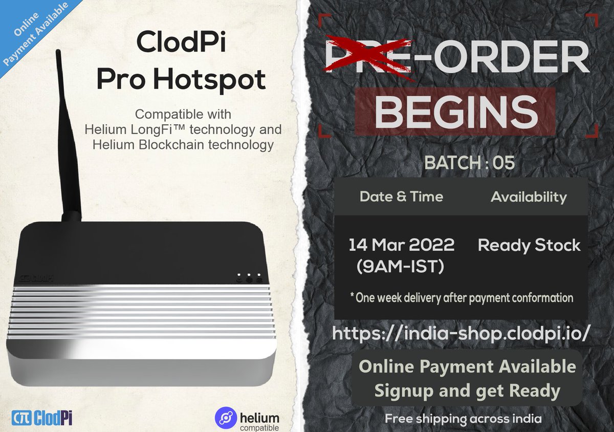 clodpilabs's tweet photo. Next sale π’:
The next sale is on coming Monday (14th March) at 9 AM. #IndiaWantsHelium #ThePeoplesNetwork #ClodPi
https://t.co/0WKqhHrVjq https://t.co/5w2liXjwSB