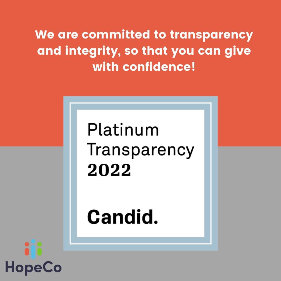 joinhopeco's tweet photo. Great news! We have again been awarded a Platinum Seal of Transparency from GuideStar (now Candid). When you give to HopeCo, you can trust us to use your gift wisely and report back to you with integrity. Join us in celebrating this latest award! https://t.co/Q2vD16DGNr