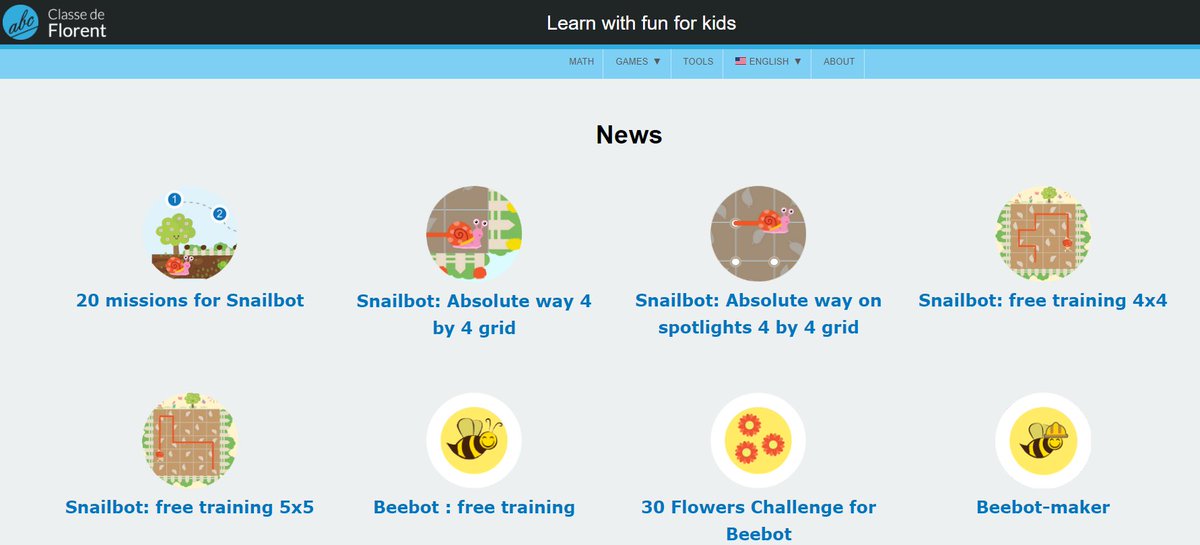 Hello world !
I am very pleased to present the English version of my website: classedeflorent.fr/en/
Learn with fun for kids : beebot or bluebot, math and other games to come.
For teachers : some tools to make your classical calendar or 'time beam'. And other tools to come !