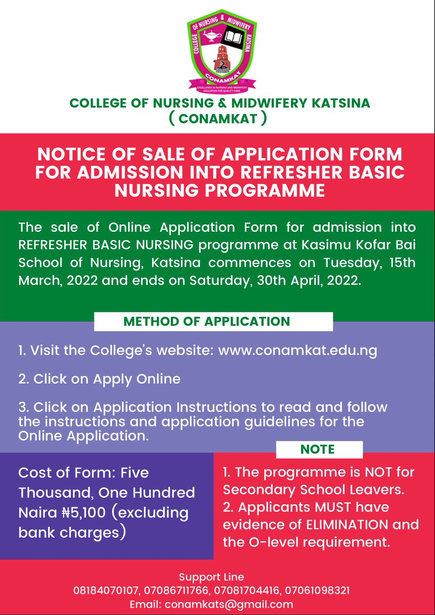 conamkat's tweet photo. Sale of Application Form for Refresher Basic Nursing programme - 2022 Intake
Duration: 15/03/22 to 30/04/2022
Programme NOT for Secondary School Leavers.
To apply, visit https://t.co/3eKc752xu8 https://t.co/vZgHSYkfdi