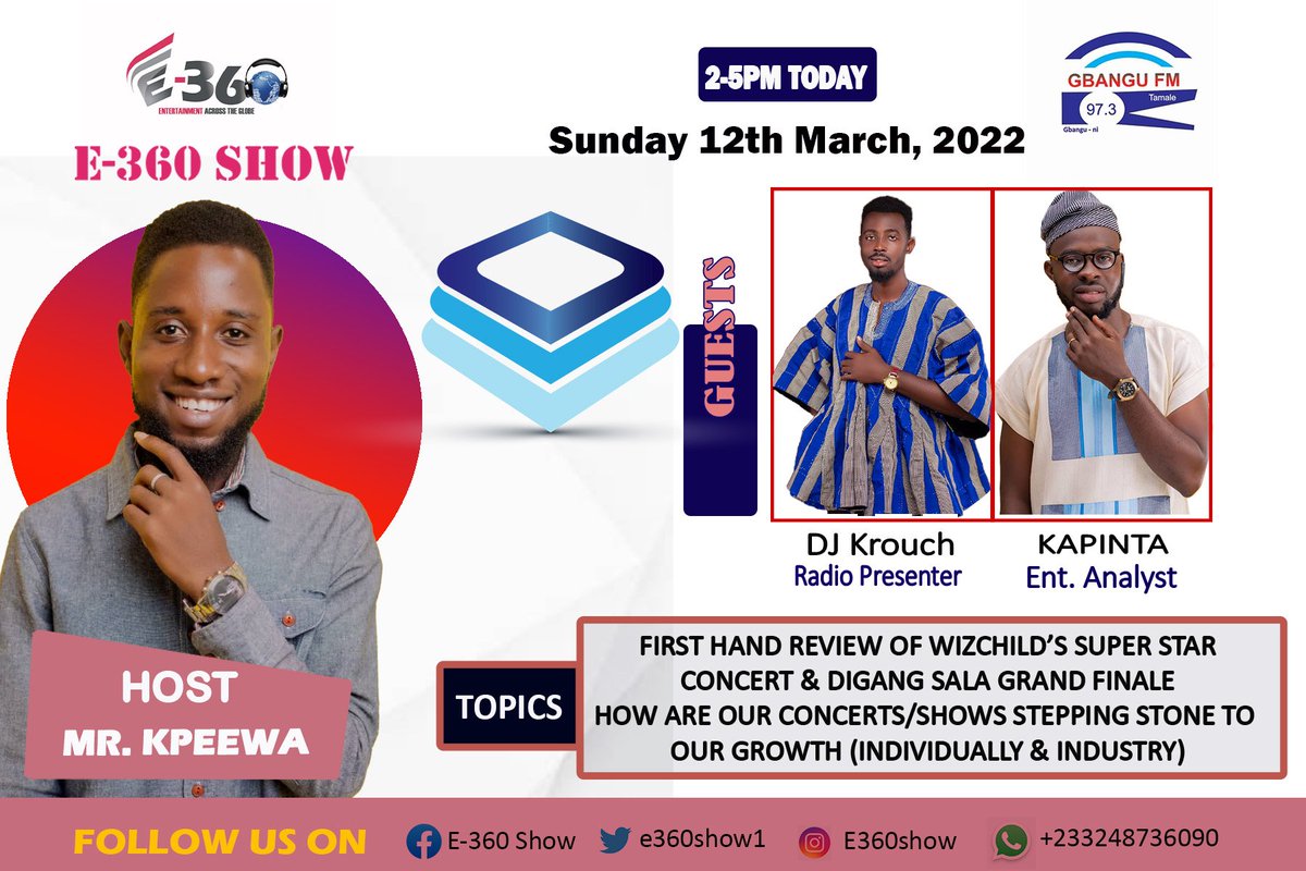 <a href="/E360Show1/">E-360 Show</a> on your radio 📻 in a bit.
2-5pm on Gbangu97.3MHz-Tamale
We also live on Facebook at facebook.com/21910165412092…