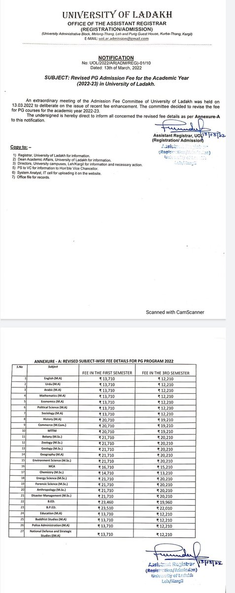 Revised fee structure of Post-Graduate Courses of <a href="/ULadakh/">UNIVERSITY OF LADAKH</a> University of Ladakh for the academic session 2022-23.
<a href="/lg_ladakh/">Office of the Lt. Governor, Ladakh</a> 
@LAHDC_K 
<a href="/LAHDC_LEH/">LAHDC LEH</a> 
<a href="/LadakhSecretary/">Secretary UT Ladakh</a> 
<a href="/dsw_UoL/">DSW. University of Ladakh</a> 
@ALSWAJ_2019 
<a href="/Semokladakh/">SEMOK Ladakh Official</a>