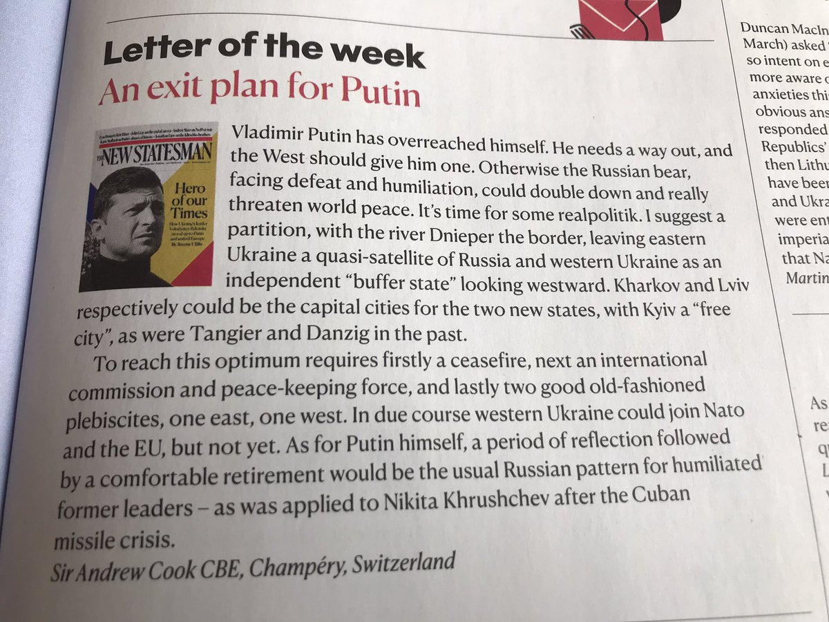 fromTGA's tweet photo. British imperialism is not dead. A British industrialist’s proposal for #Ukraine in @NewStatesman : partition along Dnieper sanctioned by ‘good old fashioned plebiscites’. I think we should fly him to Mariupol now, wearing khaki shorts &amp; pith helmet, to propose it to the natives. https://t.co/qd4WFwTeca