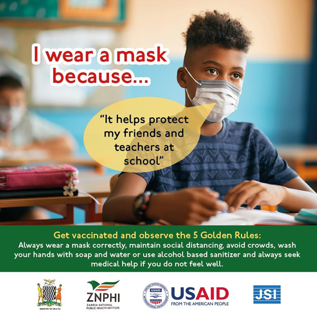 ZMPublicHealth's tweet photo. “I wear a mask to help protect my friends and teachers at school.” As the kids head back to school tomorrow remind them to mask up correctly and politely encourage their friends to mask up correctly too. It helps prevent the spread of #COVID19. #5GoldenRules #KeepSafe #MaskUp https://t.co/LEA2N1yqdC