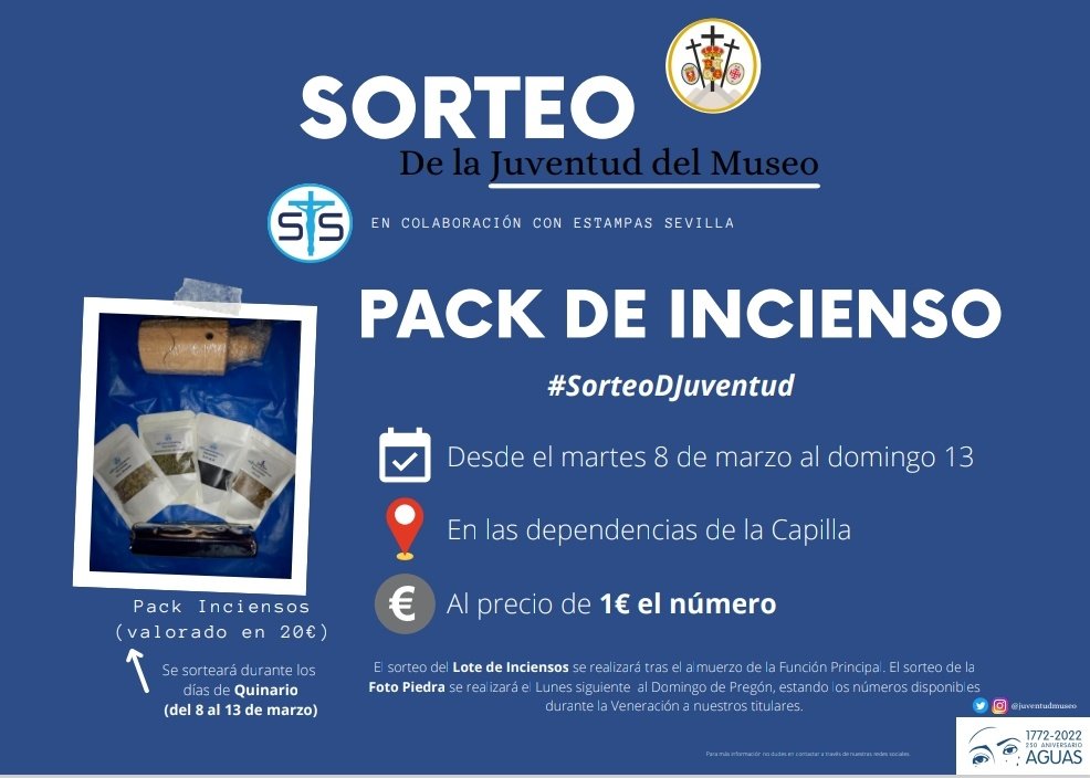 Hoy, último día del #SorteoDJuventud para ganar este Pack de Incienso de <a href="/estampassevilla/">Estampas Sevilla</a>.

🔴 Busca a los jóvenes en las dependencias de la capilla o pregunta para participar online 🤝

#JuventudMuseo
#250AguasMuseo