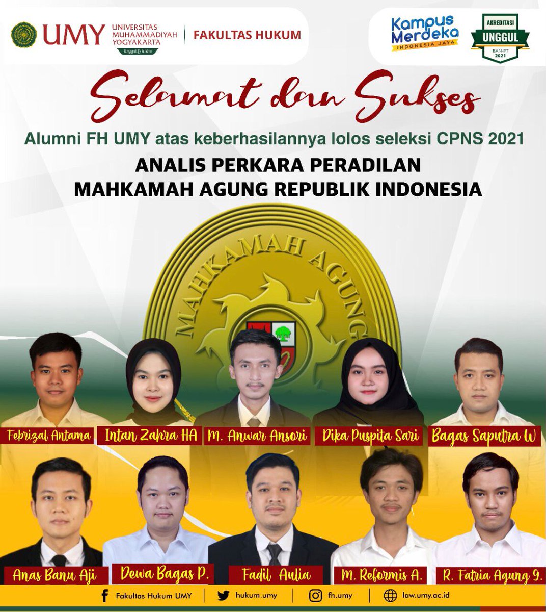 [Alumni FH UMY Lolos menjadi Analis Perkara Peradilan Mahkamah Agung RI]

Alohaaa sobat justitia✨🥰

Berita menggembirakan dari alumni, apa tuh??

Siapa yang pengen kaya kakak-kakak alumni di atas absen di kolom komen🥰✨🙌🏻