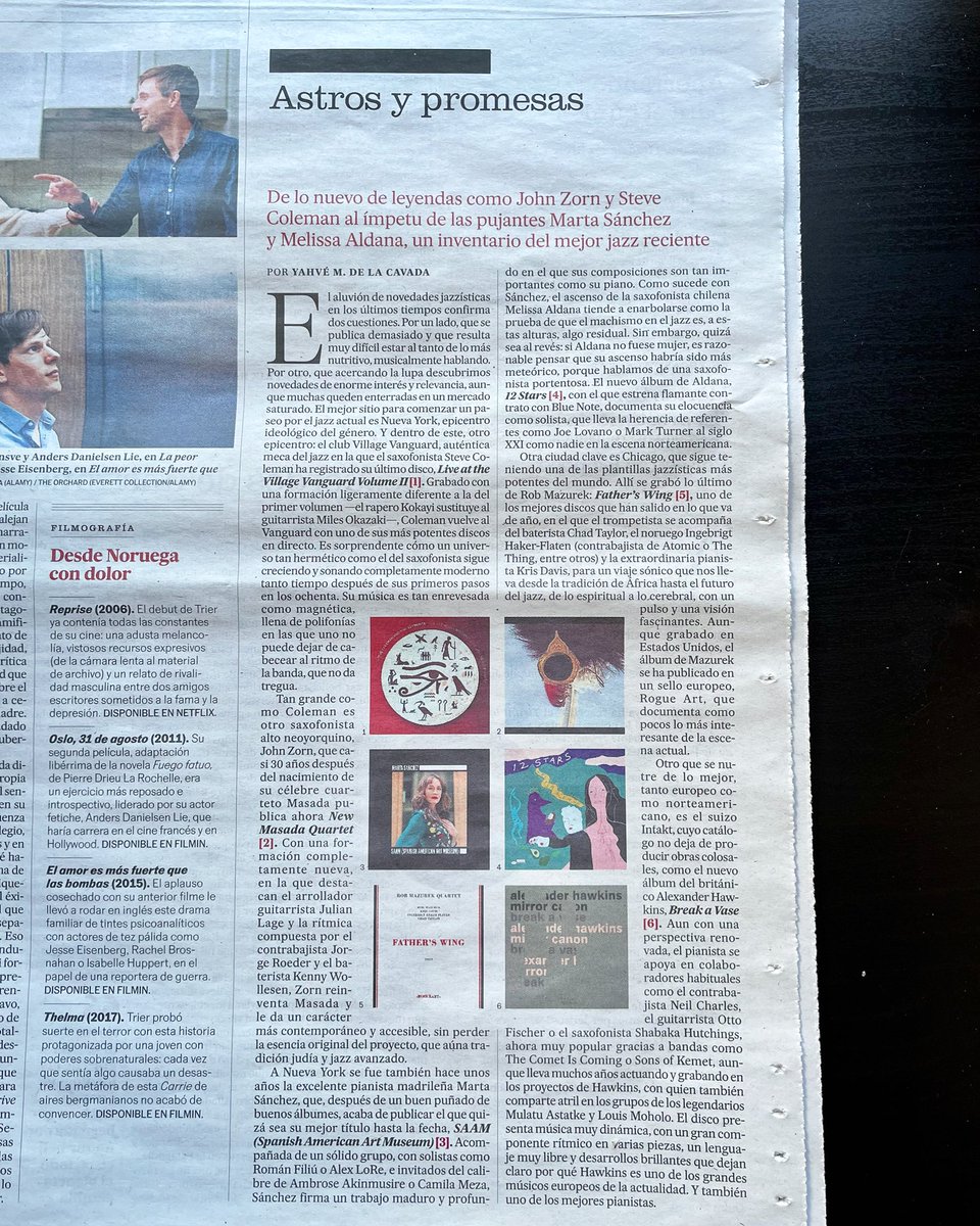 Escribí ayer en @babelia_elpais sobre algunos de los mejores discos de jazz publicados recientemente, como los de #SteveColeman, #JohnZorn, #MartaSánchez, #MelissaAldana, #RobMazurek, #AlexanderHawkins (y más que no cabían). Música extraordinaria contra el ruido del día a día.