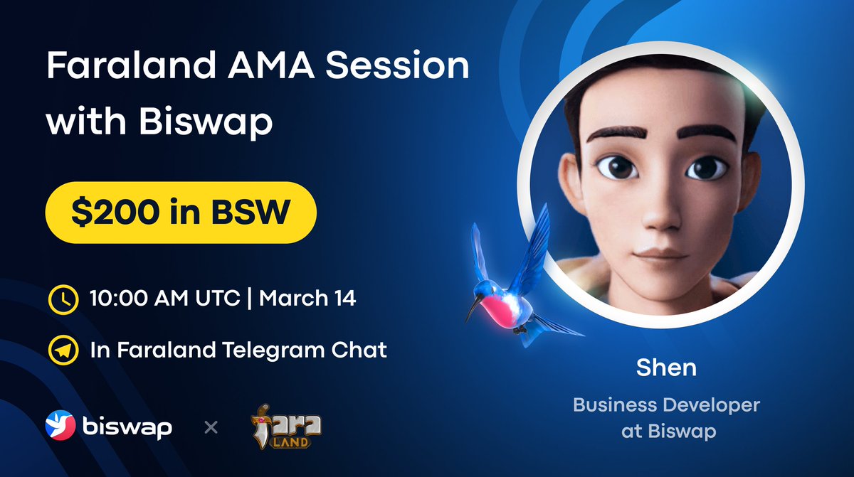 🔈<a href="/faraland_io/">Fara Land</a> x <a href="/Biswap_Dex/">Biswap</a> 🔈
   Live AMA Session - $200 in $BSW!

⏰10:00 AM (UTC), 14 March
📍t.me/faraland_offic…  

🏆10 winners

1️⃣ Like+RT
2️⃣ Follow <a href="/Biswap_Dex/">Biswap</a> &amp; <a href="/faraland_io/">Fara Land</a>
3️⃣ Comment with a question under the Faraland’s tweet &amp; BEP-20 wallet 

Ask and win $BSW!