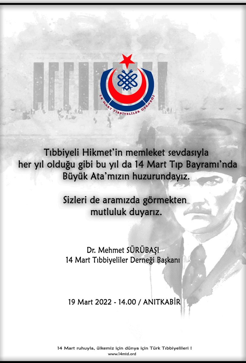 Büyük buluşmaya 6 gün kaldı. Tıbbiyeli Hikmet ruhu ile beyaz önlüklerimizi giyip 19 Mart saat 14.00'te Anıtkabir'de buluşuyoruz. Sen yoksan bir eksiğiz.
#ÖnlüğünüAlGel 
#14MartTıbbiyelilerindir
