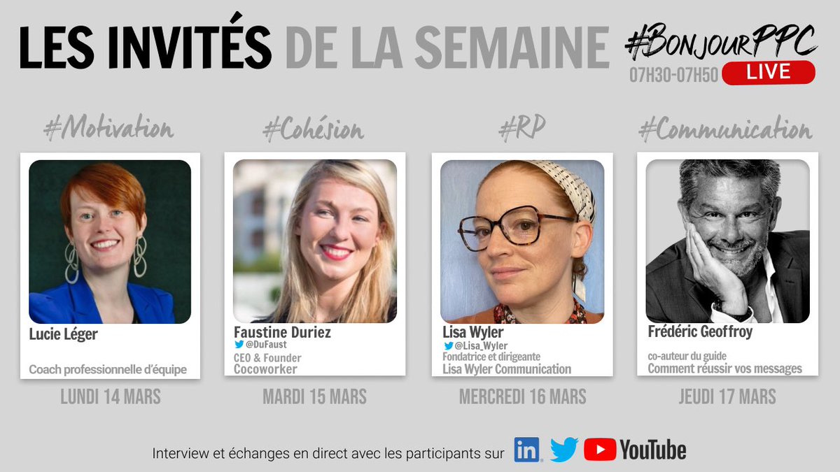 PPC's tweet photo. 🔥Au menu du live à 7h30.
Lundi #Motivation https://t.co/C74nRRTPpt
Mardi #Cohésion @DuFaust https://t.co/DngRqeEv8c
Mercredi #RP @Lisa_Wyler https://t.co/AjuJPzHyaC
Jeudi #Communication https://t.co/9BK5CFpLZK
Rdv sur les liens ci-dessus ☝🏻 ☝🏻 ☝🏻 https://t.co/VUrnsTNaE2