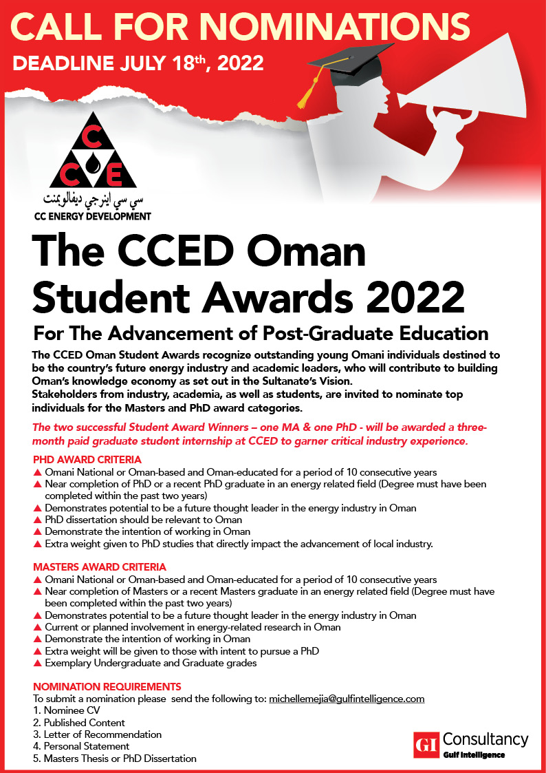 📢Calling all Masters &amp; PhD students in #Oman: 
Nominations for the 2022 <a href="/CCED_Oman/">CCED_Oman</a> Student Awards for the Advancement of Post-Graduate Education (in the field of #oilandgas) are now open! 

2 winners – 1 MA &amp; 1 PhD - will be awarded a 3-month paid graduate internship at CCED.