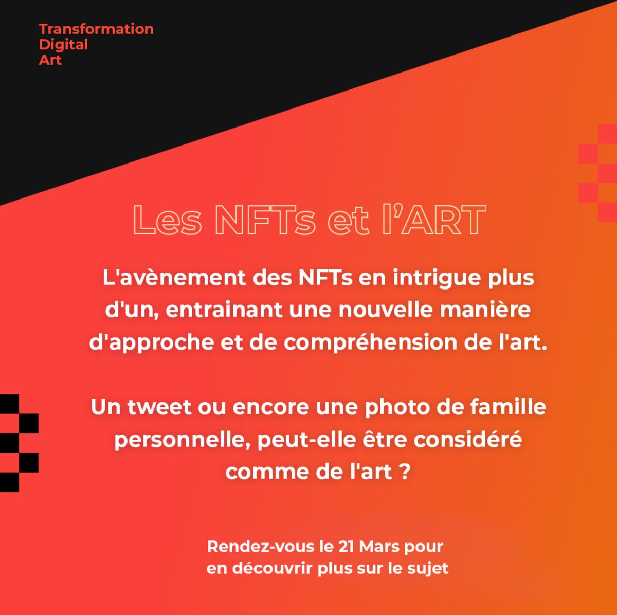Une question dont on pourra débattre le 21 mars prochain !

#NFT  #BLOCKCHAIN #efapartdigital #Artnum