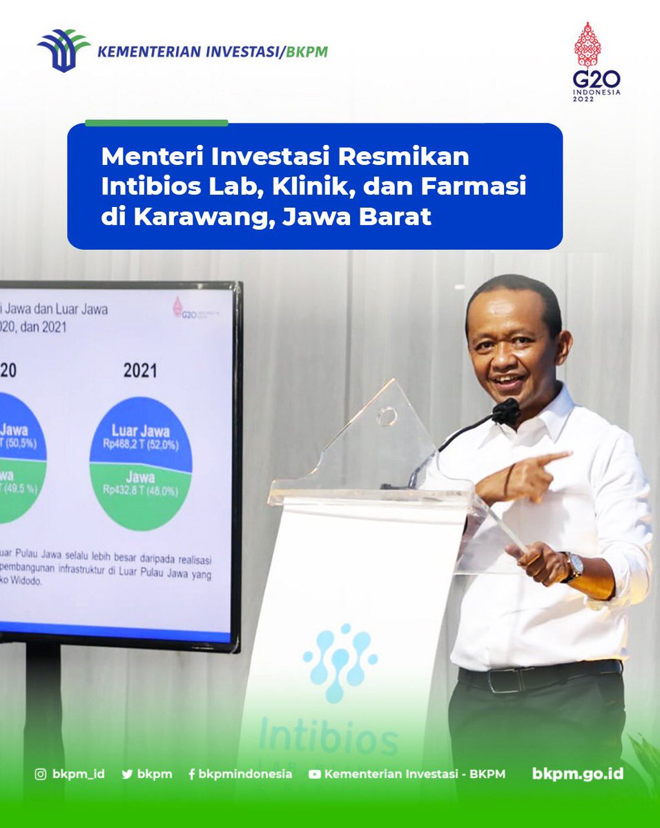 bkpm's tweet photo. Menteri Investasi/Kepala BKPM @bahlillahadalia menghadiri peresmian Intibios Lab, Klinik, dan Farmasi di Karawang, Jawa Barat (12/3). https://t.co/69ez6YEscY