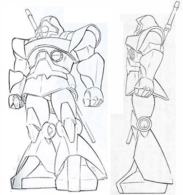 元々は僧兵をイメージした忍者っぽいMSだったのですが、太めの重MSに描き替えられてホバー機能が付きました。おかげで差別化が出来て劇中でも印象的なメカになったのですが。
地上戦想定のメカをデザイン流用で宇宙に持ってくるのは、ジオンの台所事情とシンクロしていて面白いです。 
