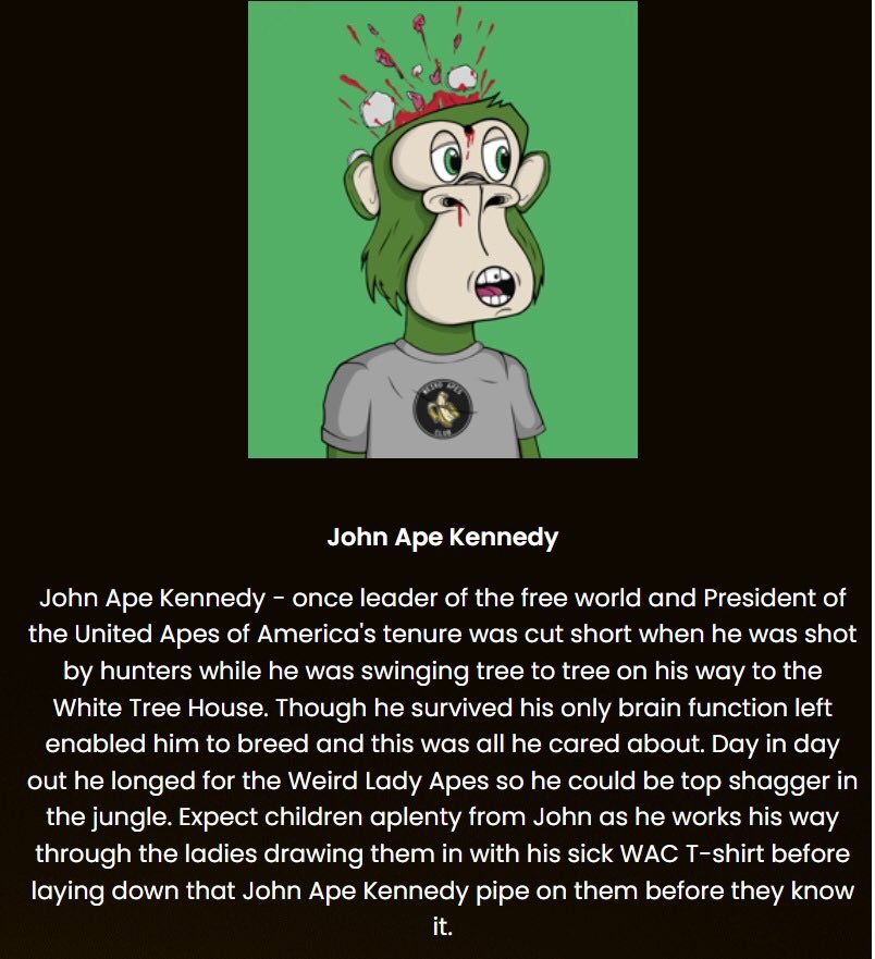 LoadedLion247's tweet photo. @WeirdApesClub ladies dayβ¦.. so letβs revisit John Ape Kennedy lore π #ebisusbay #cro #weirdape #wac hop on #wacstories on WAC discord and give him some reactions π€πΌπ https://t.co/9ibJQrwkdm