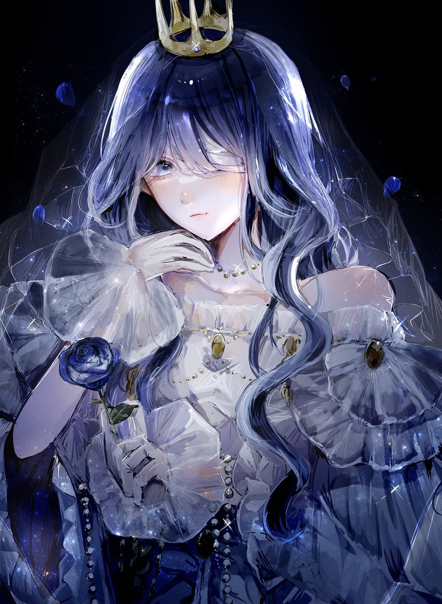 1girl crown flower solo gloves long hair blue flower  illustration images