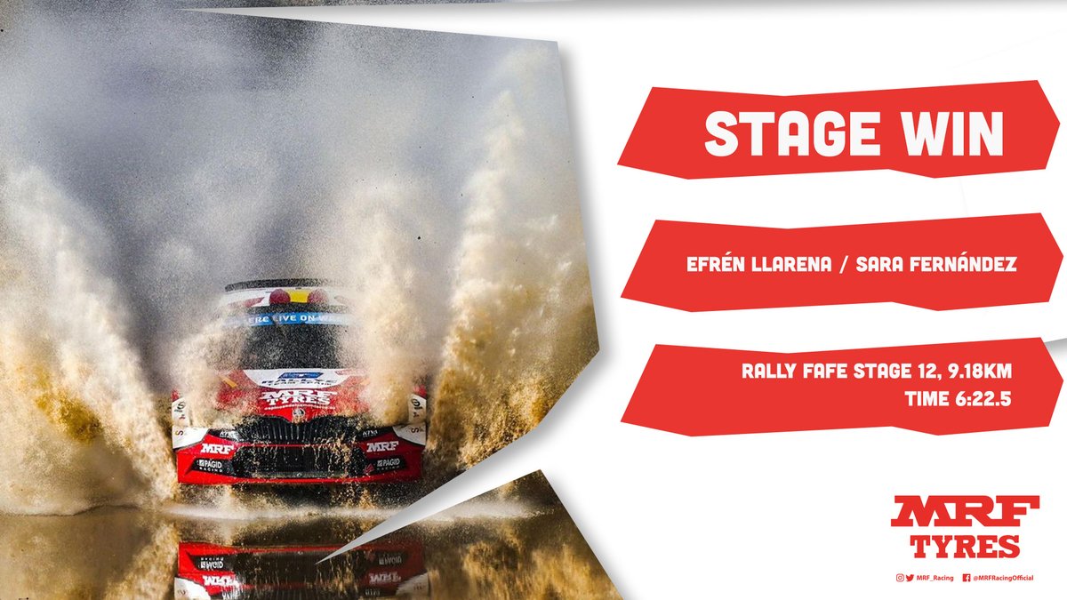 MRF_Racing's tweet photo. Back to back stage wins for @efren_llarena  and @FernandezSara14 for Team #MRFTyres!
Norbi Herczig and Igor Bacigál are also running strongly, consolidating their 7th place overall.
#Sparco #FIAERC #RallyFafe https://t.co/782mZGk44m