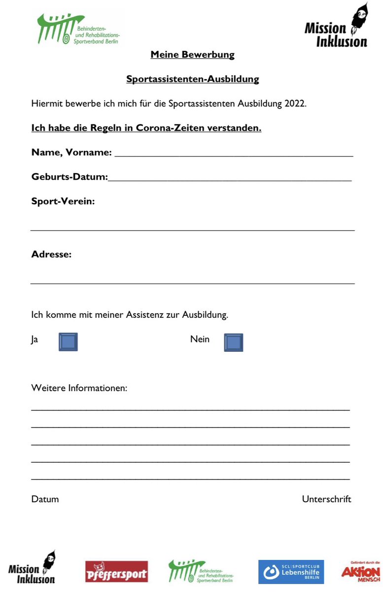Ihr wollt euch im #Sport ⚽️🎿engagieren? Dann werdet jetzt #Sportassistent*in und unterstützt bei der Begleitung Durchführung von sportlichen Spielen. Bewerbt euch noch bis zum 17. März beim <a href="/bsb_berlin/">Behinderten Sportverband Berlin</a> 👌 Weitere Information hier ⬇️