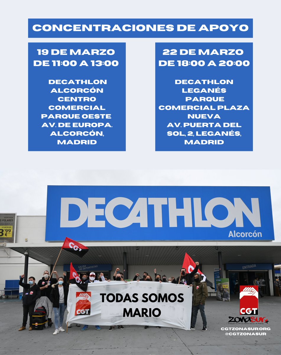 REPRESIÓN | @DecathlonES sanciona a un miembro de la sección sindical de <a href="/cgtzonasur/">CGT Zona Sur</a>

Nuestro compa Mario ha sido sancionado, por Falta Grave con 11 días de suspensión de empleo y sueldo, por defender los derechos de todas.

COMUNICADO
👉🏽 bit.ly/3KCLmJM

#TodasSomosMario
