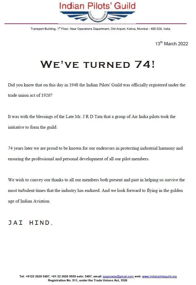 We've turned 74
The Indian Pilots' Guild was officially registered under the trade union act of 1926
It was with the blessings of the Late Mr. J R D Tata that a group of @airindiain pilots took the initiative to form the guild.
 Jai Hind.
#unityisstrength 
<a href="/TataCompanies/">Tata Group</a>