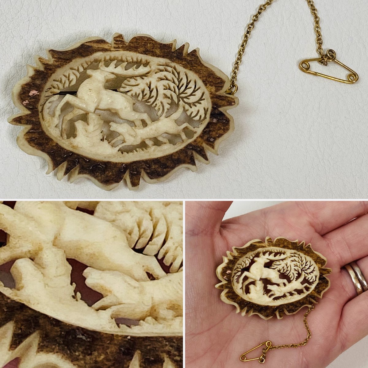GeorginasVintag's tweet photo. Stunning carved vintage brooch £30, #georginasvintage #huntingscene #stag #vintagebrooch #hornbrooch #carvedbrooch https://t.co/7AjWJrNG3V