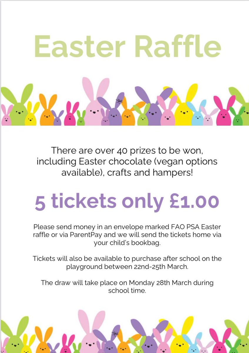 BhPsa's tweet photo. Easter raffle tickets are available to buy now on parent pay and will be sold at pick up by the meadow from 22nd to 25th March! £1 a strip with over 40 prizes for the children to win! Prizes will be drawn on Monday 28th March during the day. #bhmfpsa #easterraffle #loadsofprizes https://t.co/er7ONAKXuy